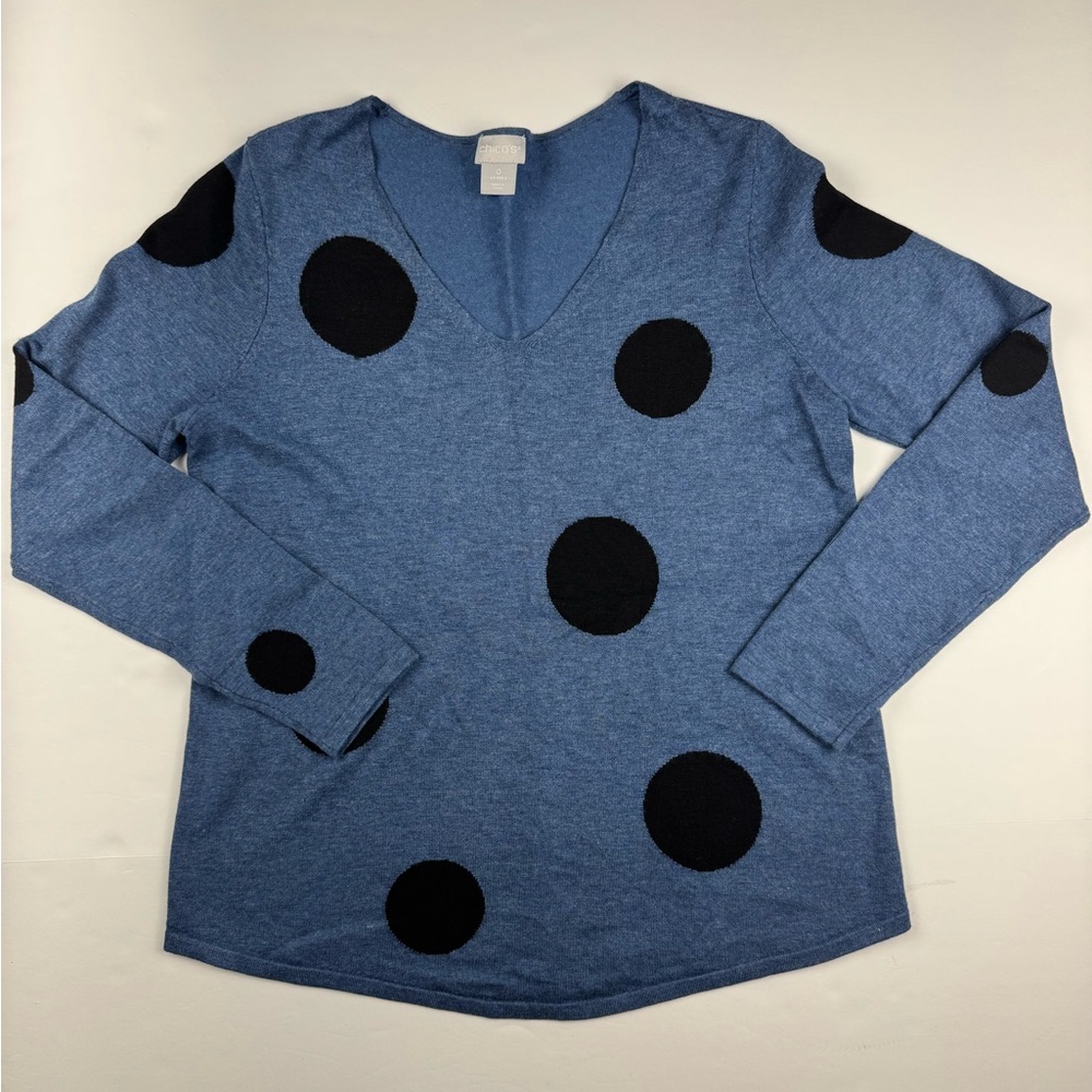 Chico's Blue Long Sleeve V-neck  sweater with Black Polka Dots